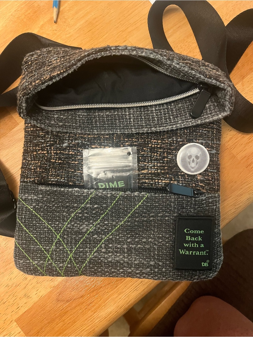 Gray Tweed Crossbody Bag with Neon Green Stitching